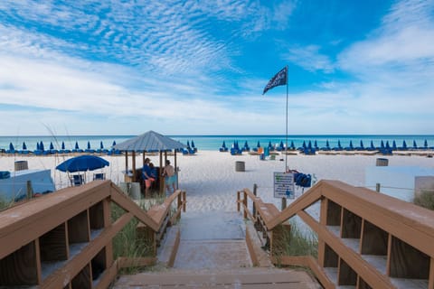 On the beach, sun loungers