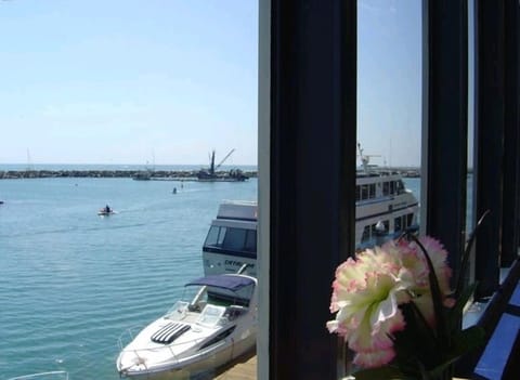 View from Jolly Roger Restaurant. Catalina Island Boat Jet liner ready to leave.