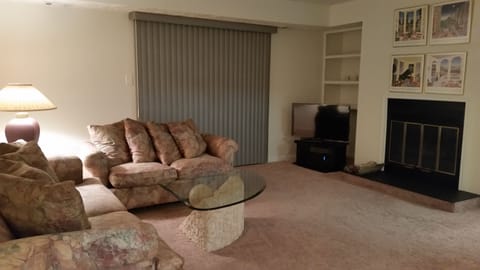 Flat-screen TV, fireplace, DVD player