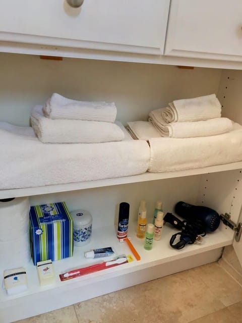 Combined shower/tub, hair dryer, towels, soap