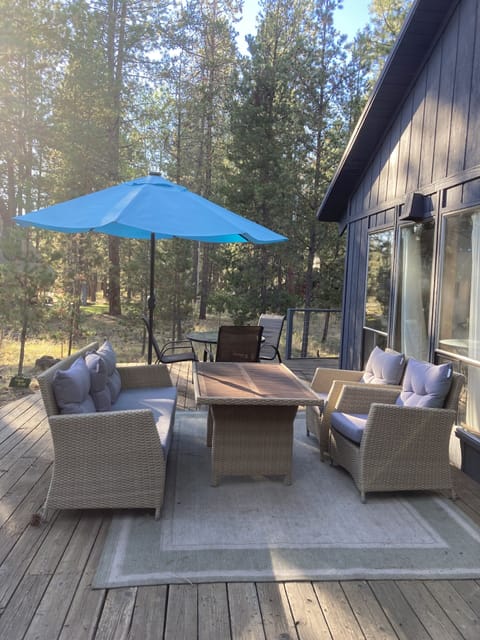 Comfy wicker seating on the large deck