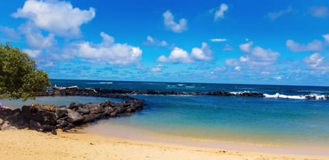 On the beach, sun loungers, beach towels