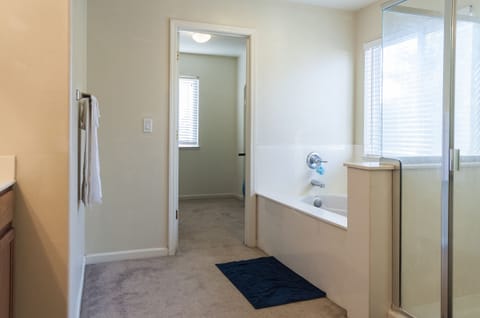 Combined shower/tub, hair dryer, towels, soap