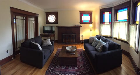 TV, fireplace, video library