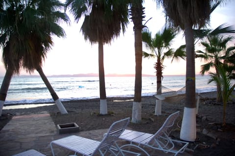 On the beach, sun loungers, beach towels