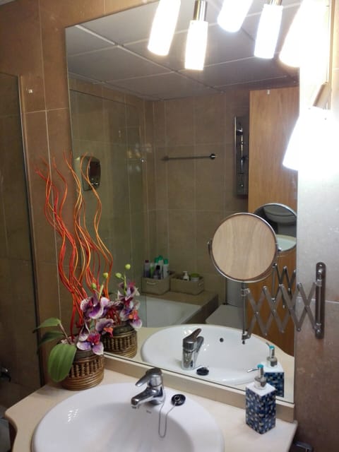 Combined shower/tub, hair dryer, bidet, towels