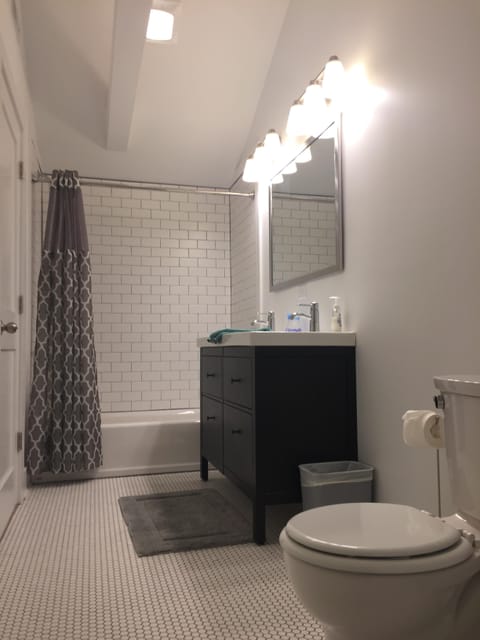 Combined shower/tub, hair dryer, towels, toilet paper