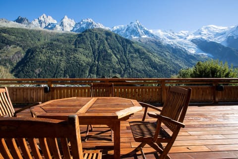 View from balcony looking at Aiguille du Midi, Les Bossons Glacier & Mont Blanc
