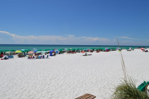 On the beach, sun loungers, beach towels