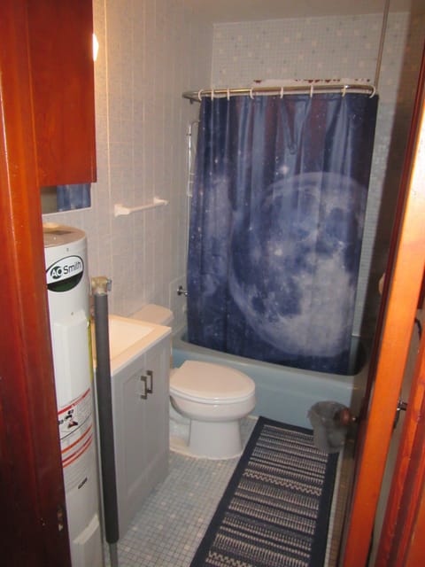 Combined shower/tub, towels, toilet paper