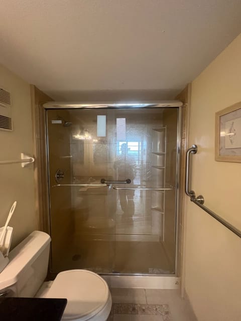 Combined shower/tub, hair dryer, towels