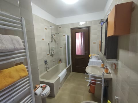 Combined shower/tub, hair dryer, bidet, towels