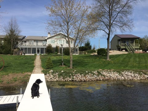 Lodge & Pines Cabin from the main dock. Lodge guest area is behind screen porch.