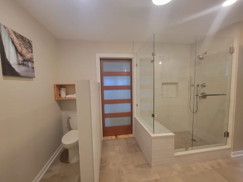 Combined shower/tub, hair dryer, towels, soap