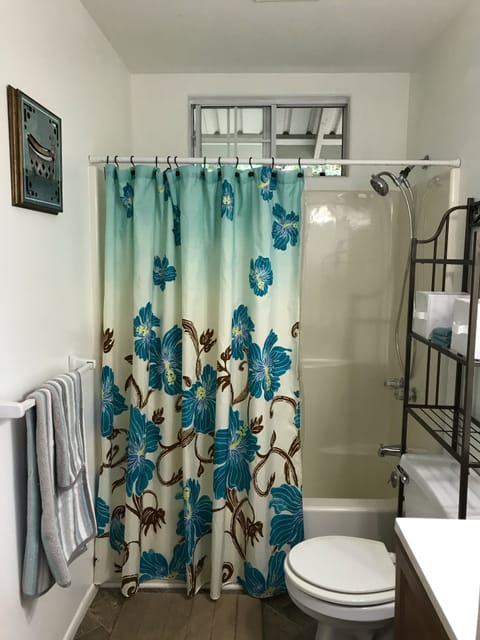 Combined shower/tub, hair dryer, towels, toilet paper