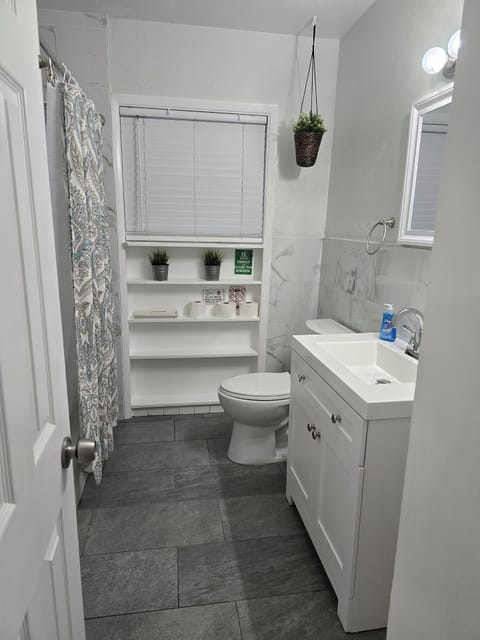 Combined shower/tub, hair dryer, towels, toilet paper