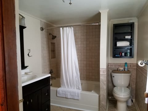 Combined shower/tub, hair dryer, towels, soap