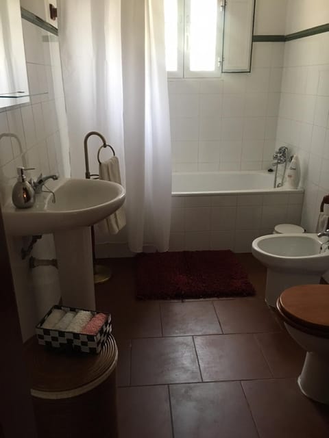 Combined shower/tub, hair dryer, bidet, towels