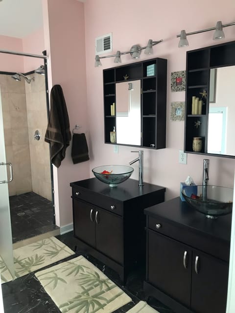 Combined shower/tub, jetted tub, hair dryer, towels