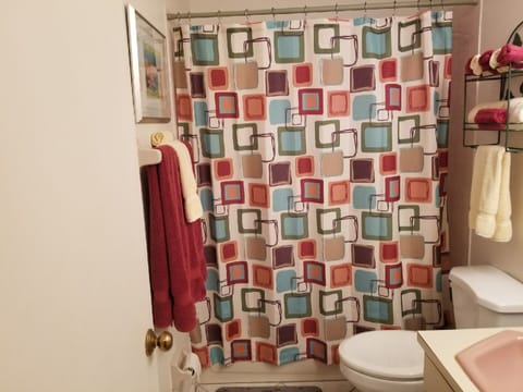 Combined shower/tub, towels