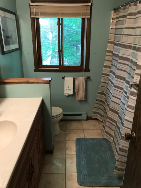 Combined shower/tub, towels, soap, toilet paper