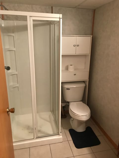 Combined shower/tub, towels, soap, toilet paper