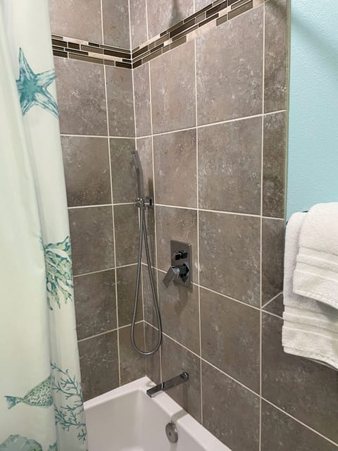 Combined shower/tub, hair dryer, towels, soap