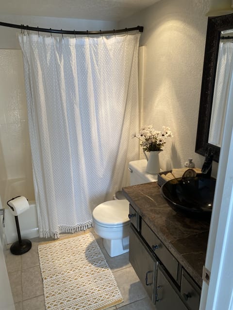 Combined shower/tub, hair dryer, towels, soap