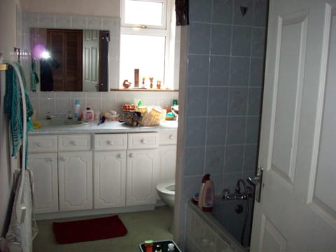 Combined shower/tub, hair dryer, towels, soap