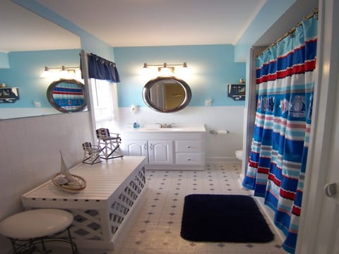 Combined shower/tub, hair dryer, towels, toilet paper