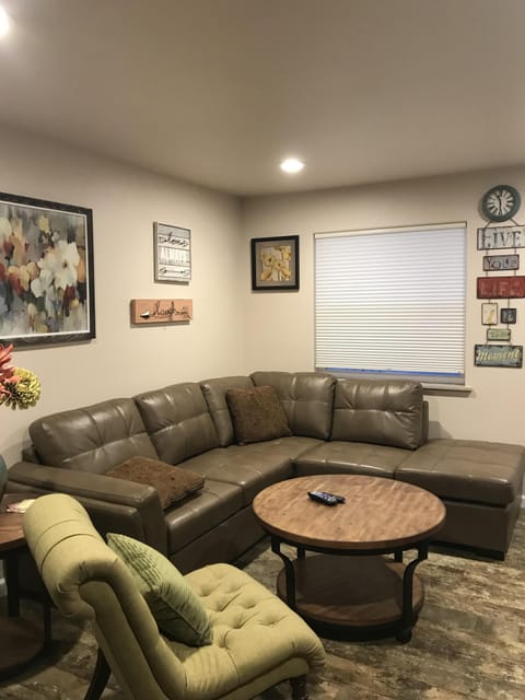 Living area with sleeper sofa.