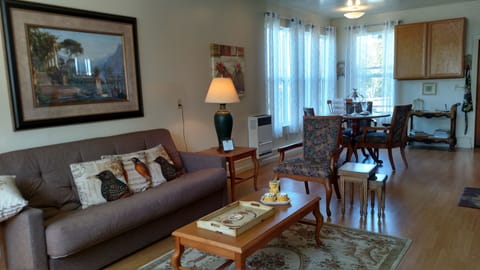Very comfortable one bedroom apartment. Living room & Dining area view.