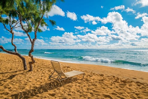 On the beach, sun loungers, beach towels