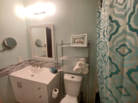 Combined shower/tub, hair dryer, towels, soap