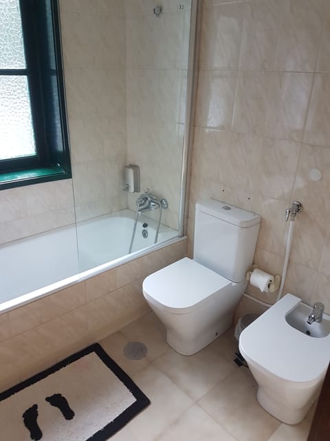 Combined shower/tub, hair dryer, bidet, towels