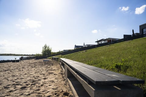 On the beach, sun loungers