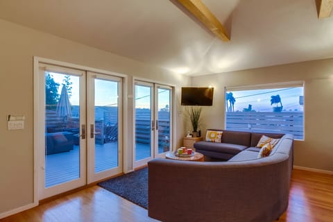 This sofa comes apart and can be moved around if you like. Seats 8