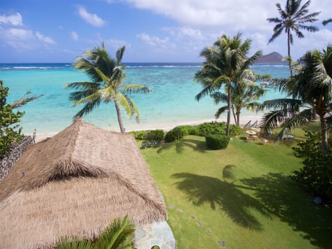 On the beach, sun loungers, beach towels