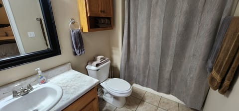 Combined shower/tub, towels, toilet paper