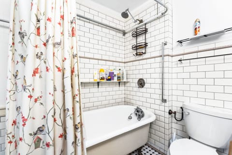 Combined shower/tub, hair dryer, towels, soap