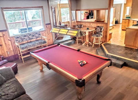 Billiard Room Flows to Open Floor Plan Overlooks Hot Tub, Heavenly, & Mountains