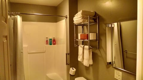 Hair dryer, towels, soap, shampoo