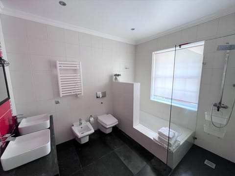 Combined shower/tub, hair dryer, bidet, towels