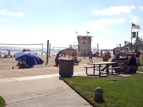 On the beach, sun loungers, beach towels