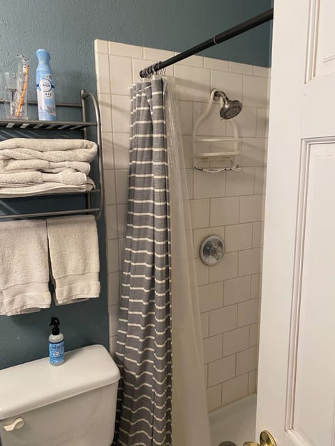 Combined shower/tub, hair dryer, towels, soap