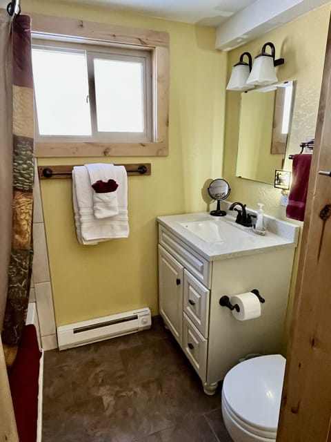 Combined shower/tub, hair dryer, towels, soap