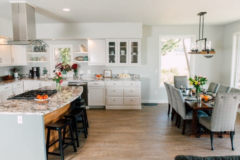 Dining room and kitchen island.
