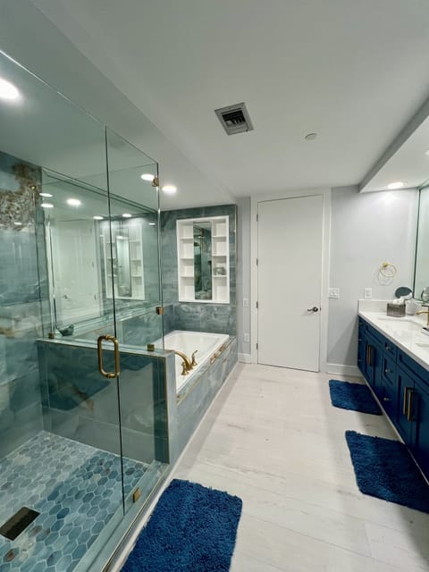 Shower, jetted tub, hair dryer, towels