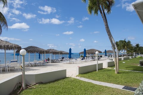 On the beach, sun loungers, beach towels