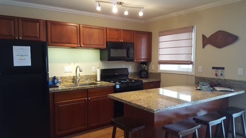 New kitchen, granite counters, fridge, gas stove-everything to make great meals